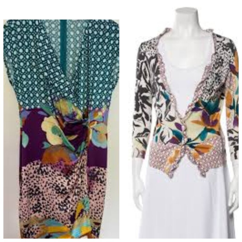 ETRO Vintage Silk Printed Dress & Cardigan Matching Twin Set IT 44 US M L